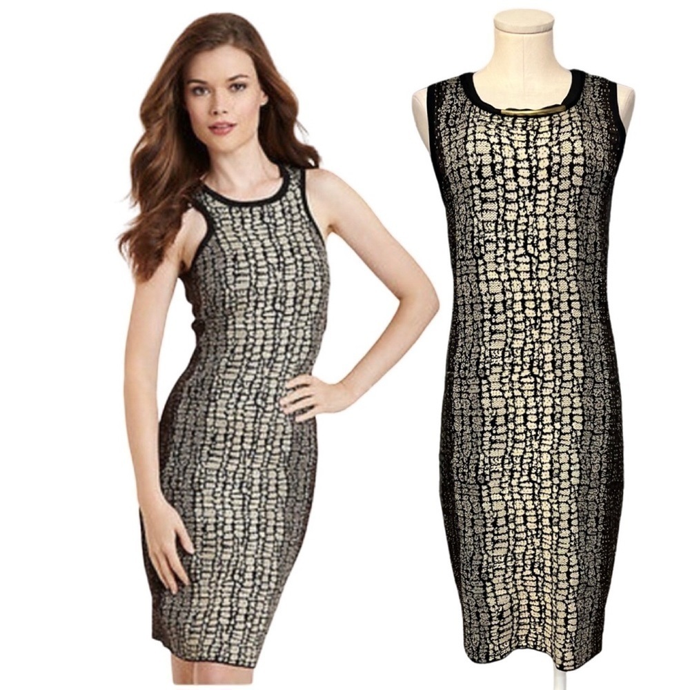 CARMEN by CARMEN MARC  VALVO black and gold multi pattern knit sleeveless dress